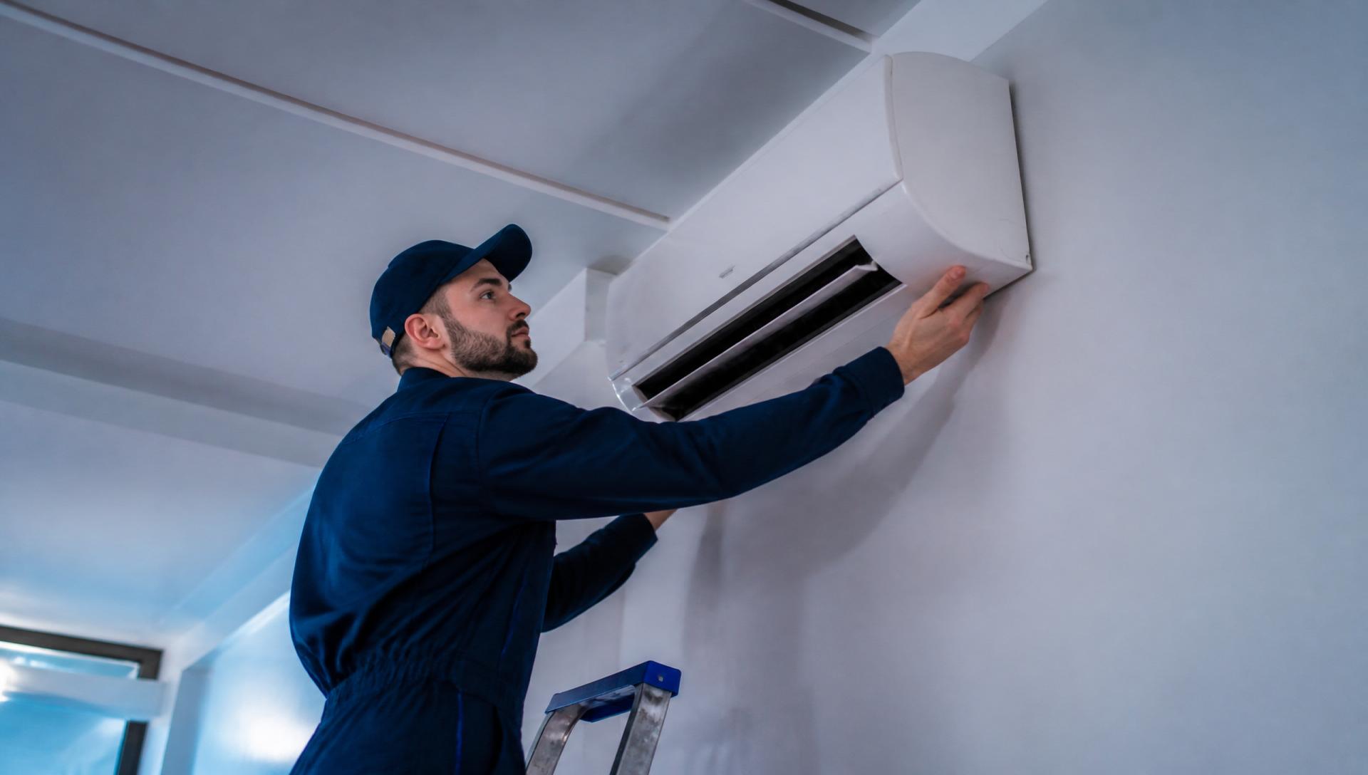 Técnico instalando un aire acondicionado split en interior residencial